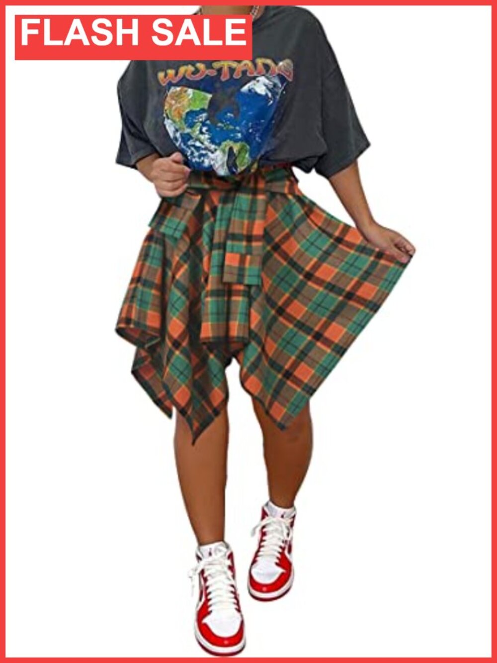 High Waisted Asymmetrical Mini Pleated Plaid Skirt